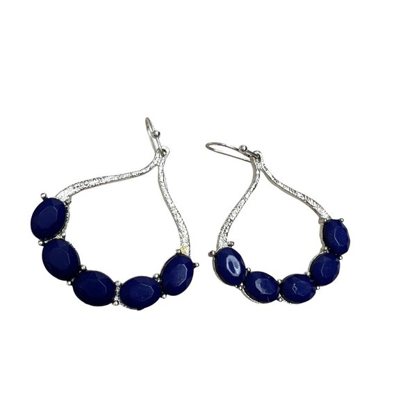 Dark Blue Dangle Earrings Silver Tone Hook Teardrop Oblong - Picture 3 of 5